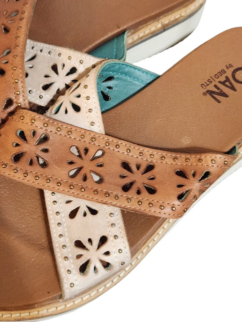 Roan Bed Stu Sandals Size 10 Chant Brown Tan Leather Floral Cutout Studded Shoes